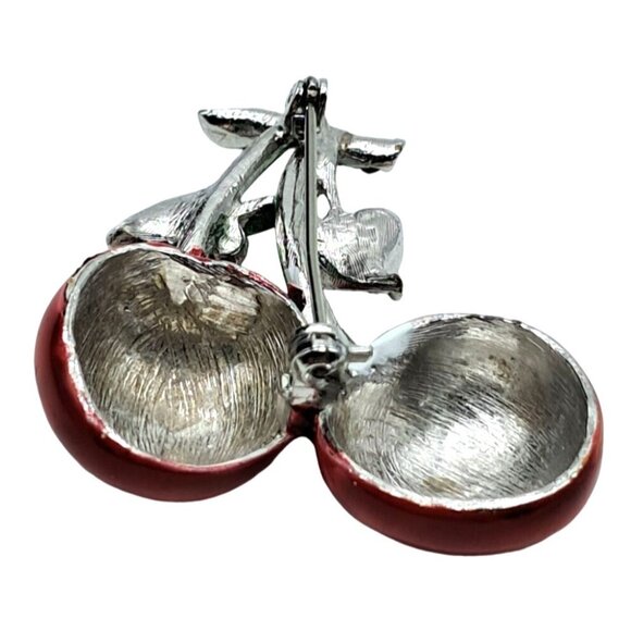 Vintage Cherry Brooch Enamel With Clear Rhinestone Leaves Figural Pin Costume Je - Picture 7 of 10